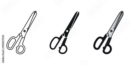 Three scissors illustrations in black and white with different shading styles on white background