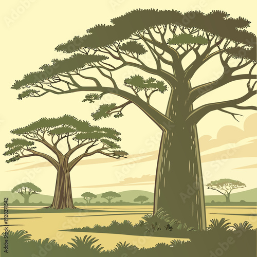 Two large baobab trees in the African savanna landscape with scattered trees, hills, and clouds in a warm, muted color palette.
