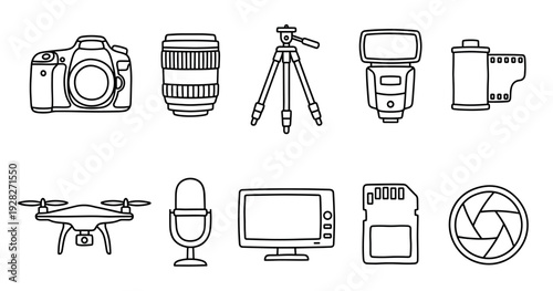 Collection of photography and videography icons in a hand-drawn doodle style, featuring a camera, lens, tripod, flash, film, drone, microphone, and memory card