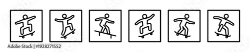 Set of black line art skateboarding icons showing a stick figure performing various tricks and stunts on a skateboard in a minimalist pictogram style