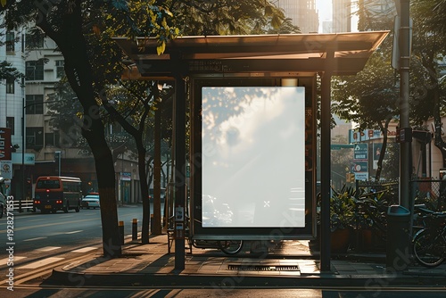  Vertical billboard with mock up place for your advertisement against city background. Blank advertising stand.