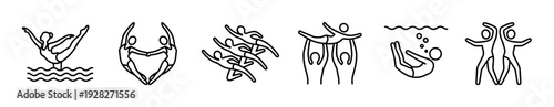 Set of synchronized swimming line art icons showing athletes performing various solo, duet, and team formations in a minimalist black and white pictogram style
