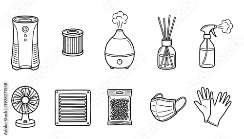 Hand-drawn icon set of air quality and purification items including a purifier, filter, diffuser, fan, mask, and gloves in a simple black and white doodle style illustration