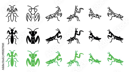 Set of praying mantis insect icons in three graphic styles, including black outline, solid silhouette, and green color, illustrating various poses and views of the creature