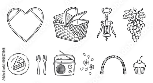 Set of hand-drawn picnic icons including a basket, grapes, cake, and radio in a charming black and white doodle style illustration for a romantic summer outing theme