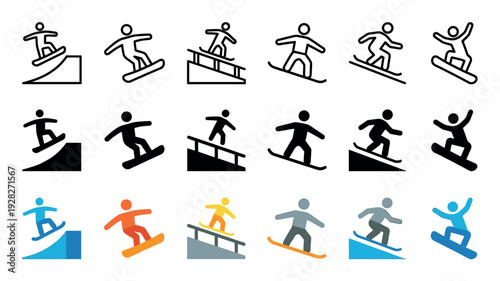Snowboarder icon set with various action poses showing a person jumping, grinding a rail, and riding, designed in three distinct styles: line, solid silhouette, and flat color