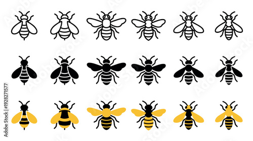 Collection of stylized bee insect icons presented in three different graphic styles: simple outline, black silhouette glyph, and yellow and black color versions for design