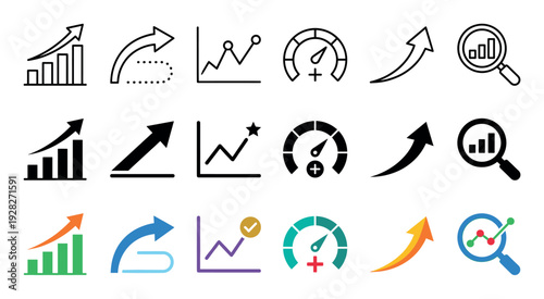 Diverse set of business growth icons including bar charts, line graphs, and performance meters representing progress, analytics, and success in line, solid, and color styles