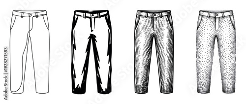 Four pairs of hand-drawn trousers illustrate different artistic styles, from simple line art and bold ink to detailed engraving and classic stippling