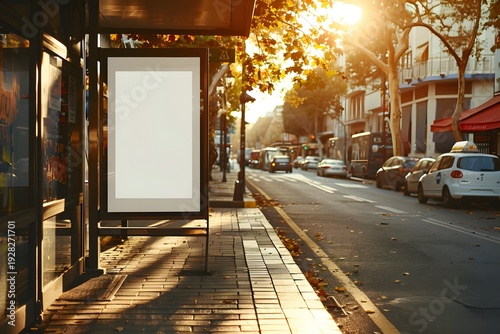 Vertical billboard with mock up place for your advertisement against city background. Blank advertising stand.