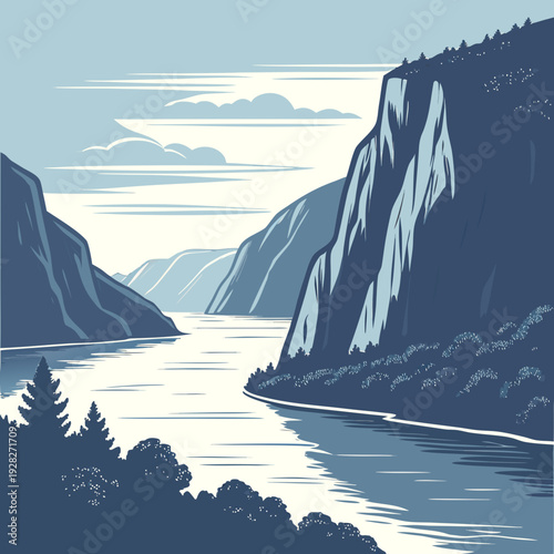 Majestic fjord with steep cliffs and a calm river, stylized in cool blue tones, evoking a sense of grandeur and tranquility.
