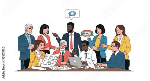 Diverse team collaborating on business project with blueprints and laptops