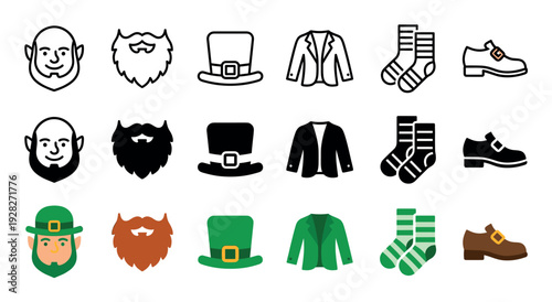 Set of leprechaun costume icons for St. Patrick's Day presented in three different graphic styles: line art, solid glyph, and flat color vector illustration for holiday design