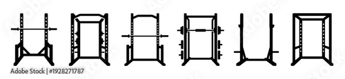 Collection of black power rack silhouettes for weightlifting and strength training equipment shown in a minimalist graphic icon set from different angles and designs