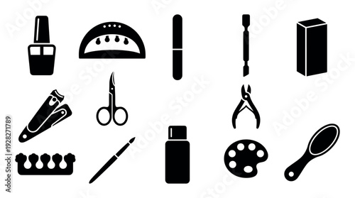 Manicure and pedicure tools icon set featuring black silhouettes of a nail polish bottle, UV lamp, file, buffer, scissors, and clippers for professional salon or home nail art