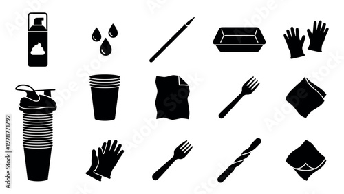 Set of black glyph icons representing various single-use plastic items and disposable products like cups, forks, gloves, and containers in a minimalist graphic style