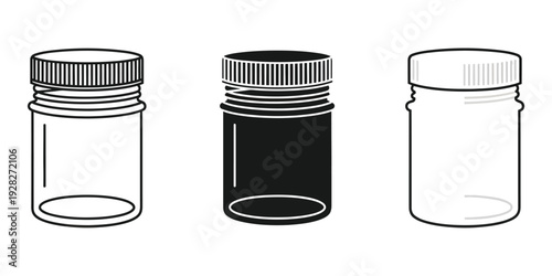 Three small empty jars with screw on lids illustration of clear and black containers on white background for storage or laboratory use
