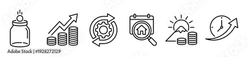 Six black and white line art icons for business and finance concepts like saving money, profit growth, workflow process, property search, retirement planning, and future progress
