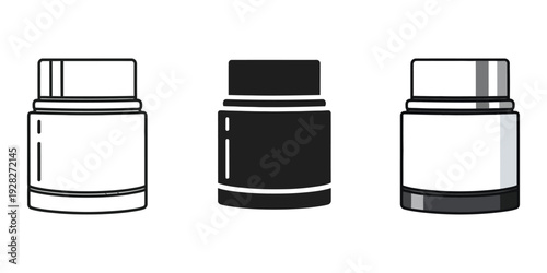 Three small jars with different colored lids and bodies on white background for cosmetic or product design