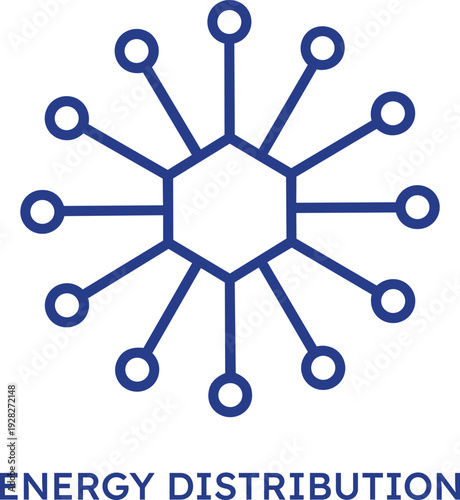 Minimalist blue energy distribution icon featuring a central hexagonal hub with radiating nodes representing a smart power grid network electrical connectivity infrastructure and digital technology ma