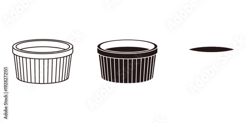 Black and white illustration of three ribbed cupcake liners two filled with batter one empty on white background