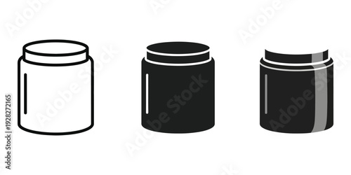 Three black and white jars with lids simple line art isolated on white background for design and packaging concepts