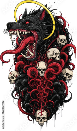 Black wolf with halo surrounded by skulls and tentacles.