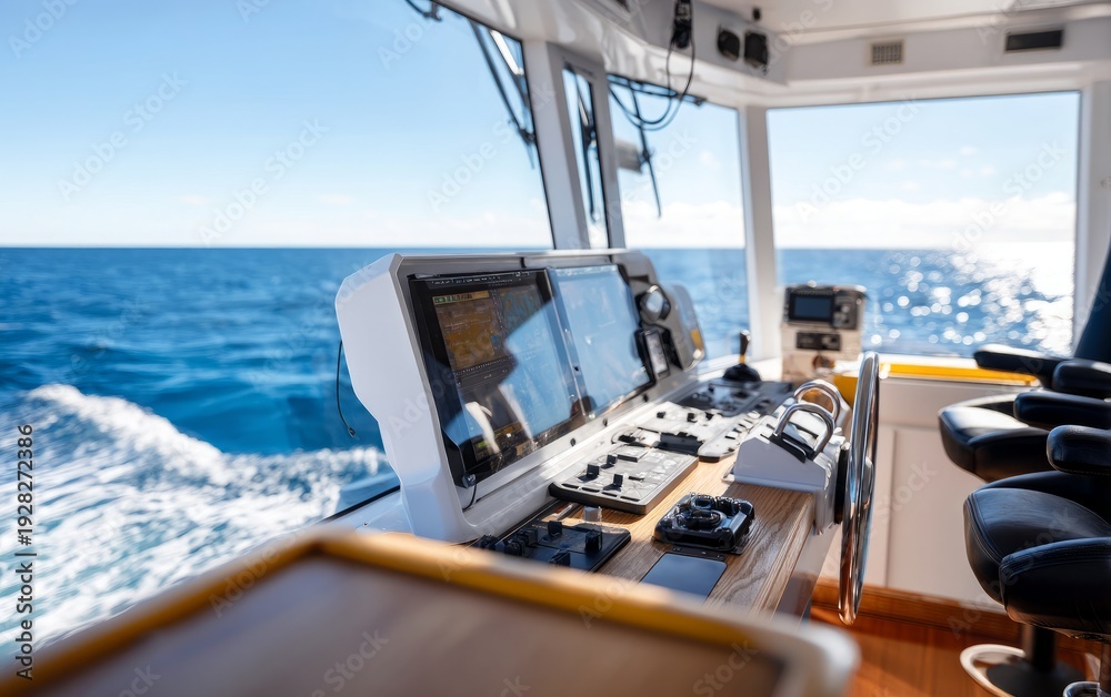 Fototapeta premium Modern Maritime Control Room with Radar and Steering for Navigation