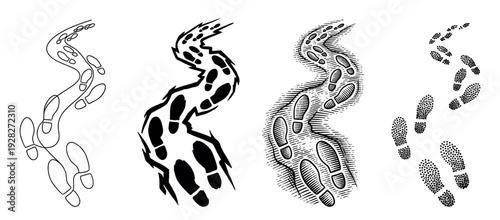 Set of four black footprint paths in different artistic styles including line art, silhouette, engraving, and stippling, showing a winding journey or trail