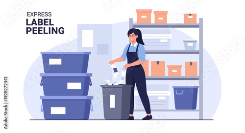 Woman Removing Labels from Storage Boxes.