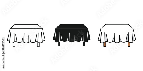 Tablecloths in various styles and colors on rectangular tables with different leg designs