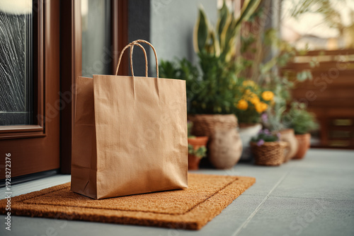 Food Delivery Bag on Front Door Mat – Suburban Home