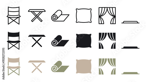 Versatile set of home and camping icons featuring a folding chair, table, mat, pillow, and curtain, shown in line art, solid silhouette, and simple color vector styles