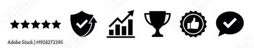 Set of black quality and success icons including five stars, a shield with a checkmark, a growth chart, a trophy, a thumbs-up badge, and a speech bubble