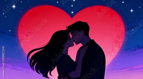 Silhouette of a romantic couple kissing under a starry night sky with a large red heart