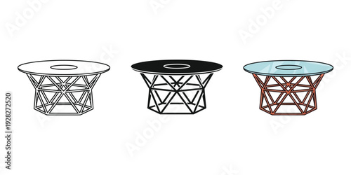 Three geometric coffee tables with different colored tops wireframe design modern furniture minimalist decor home interior geometric shapes abstract white black blue brown metal base circular tops