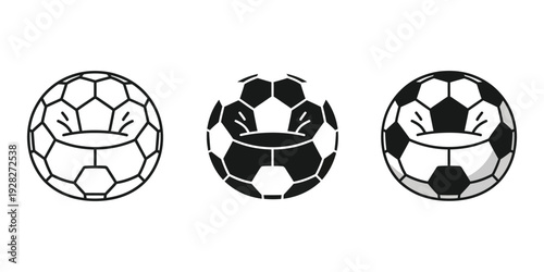 Three black and white soccer balls with hands holding them up isolated on a plain background sports icons