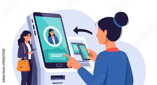Woman using digital kiosk with mobile phone.