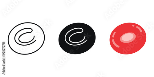 Three copyright symbols in white black and red on a plain background for creative projects
