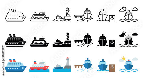 Collection of ship and ferry icons in three distinct styles: line art, solid glyph, and flat color, illustrating maritime transportation, travel, and nautical themes