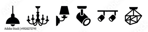 Set of black lamp and lighting fixture icons including a pendant, chandelier, sconce, and spotlights in a simple minimalist silhouette style for interior design concepts