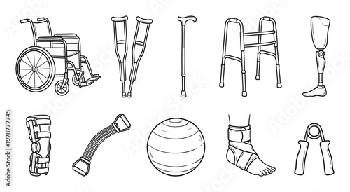 Rehabilitation equipment and disability aids collection in a simple black and white doodle style, featuring a wheelchair, crutches, walker, prosthetic leg, braces, and exercise tools