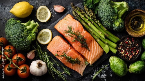 Health Choice with Grilles Salmon and Vegetables from a top view.