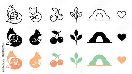 Collection of minimalist vector icons showing a fox with cub, cherry, plant, cave, and heart in three different styles: line art, solid silhouette, and flat color