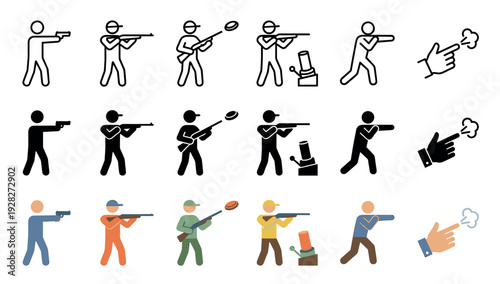 Shooting sport and firearm activity icon set featuring line, solid, and flat color styles showing people with pistols, rifles, and shotguns for target and skeet practice