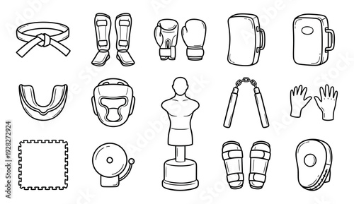 Collection of martial arts equipment icons including gloves, pads, headgear, and a belt in a simple black and white line art doodle style for combat sports training