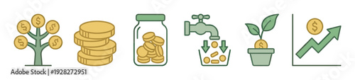 Set of six financial growth icons showing a money tree, stacked coins, savings jar, cash flow faucet, investment plant, and rising graph in a simple line art illustration
