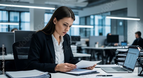 Female manager reviewing documents under harsh fluorescent light tense shoulders modern office desk high-resolution realistic photography style