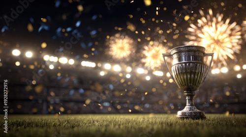 Trophy cup on stadium field with fireworks celebration lights at night