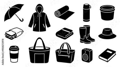 Collection of black and white icons representing outdoor picnic and rainy day essentials, including an umbrella, raincoat, boots, thermos, and food in a minimalist graphic style